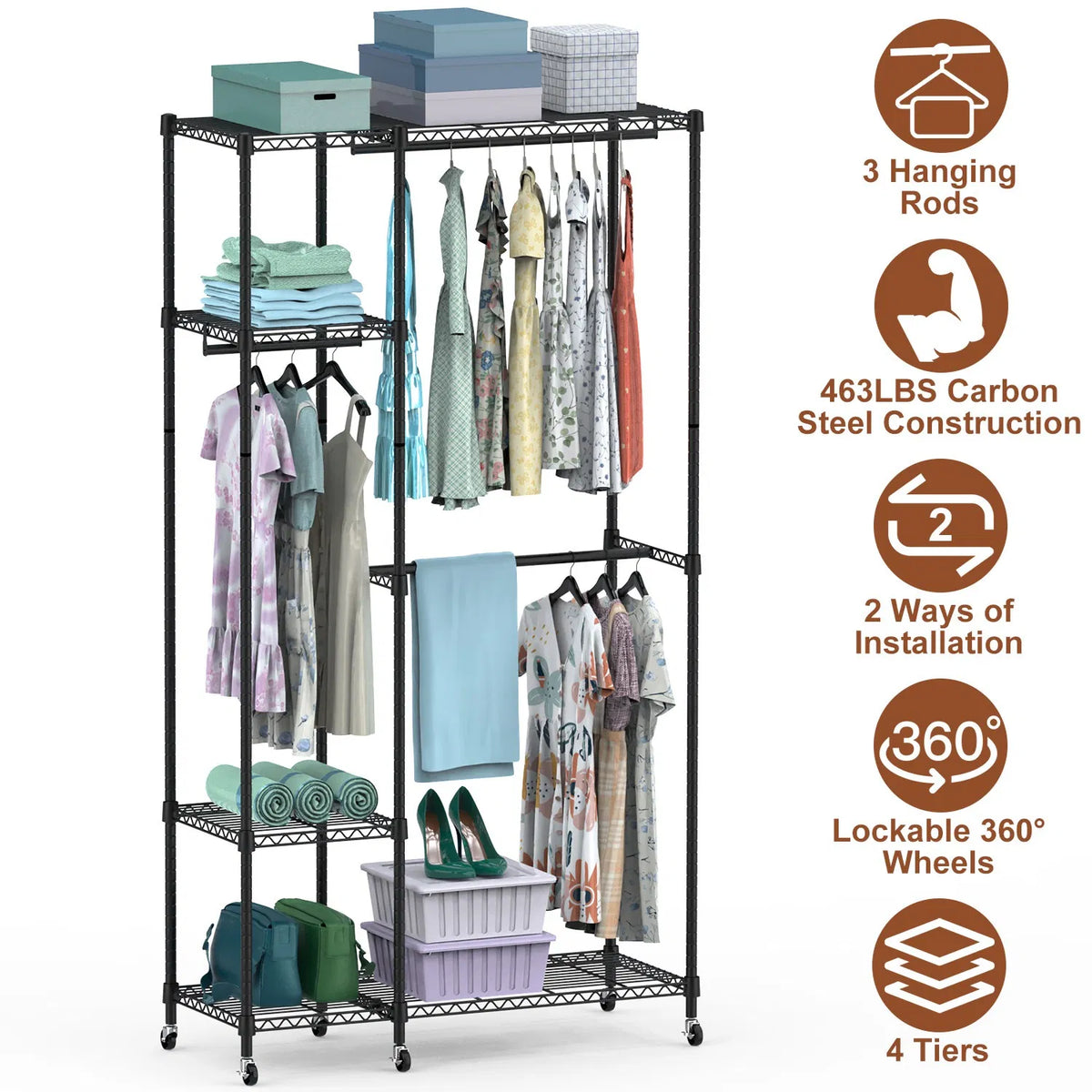 4 Tier Heavy Duty Garment Rack with Wheels