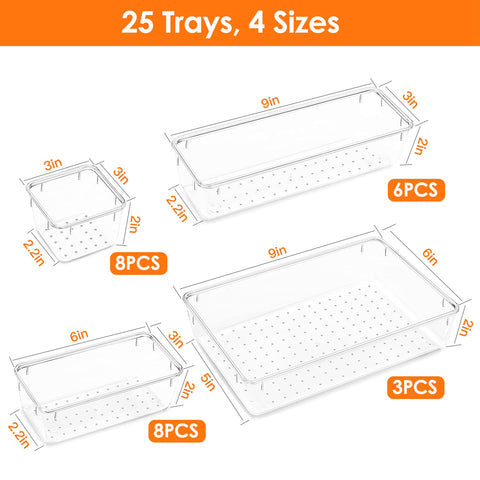 25PCS Clear Plastic Drawer Organizers Set
